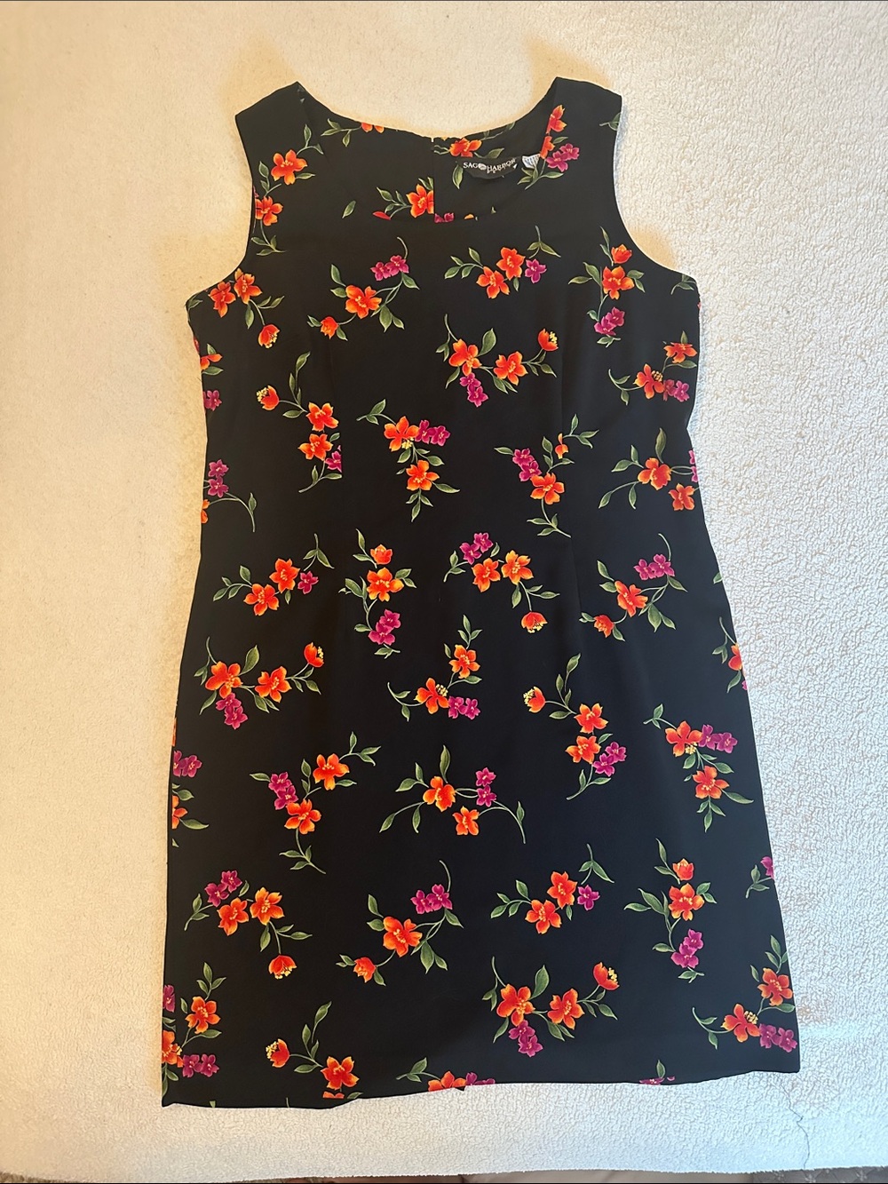 Vintage Sage Harbor Floral Sheath Dress - Black with Orange & Pink Flowers